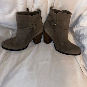 Worn suede IVANKA TRUMP booties with decorative buckle and side zipper size 7M